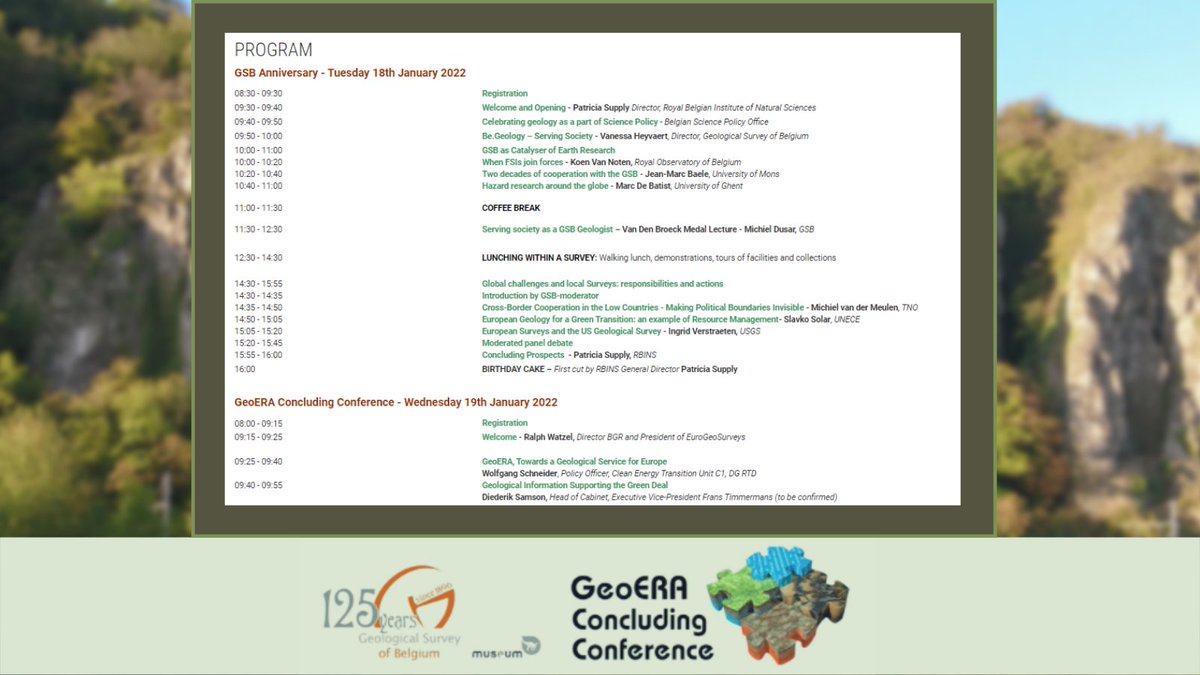📢📅EVENT UPDATE
Join us for the <a href="/GSBelgium/">Geological Survey BE</a> 125th anniversary &amp; #GeoERA final conference on 18-19 JAN 2022!

Have a look to the programme and the selected speakers for both the dates⬇️

🔗bit.ly/3DvmgbE

#Geology #geohazards #greentransition #EUGreenDeal #rawmaterials