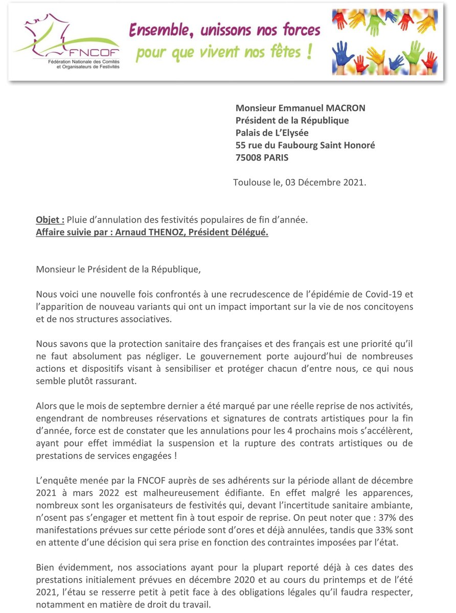 FederationFncof's tweet photo. #ACTION FNCOF
Courrier adressé ce jour au Président de la République concernant les annulations en cascades de nos festivités depuis les annonces gouvernementales de renforcement des protections sanitaires contre l'évolution de l'épidémie
@EmmanuelMacron 
@JeanCASTEX
@R_Bachelot https://t.co/V4Bq4hJ7y5