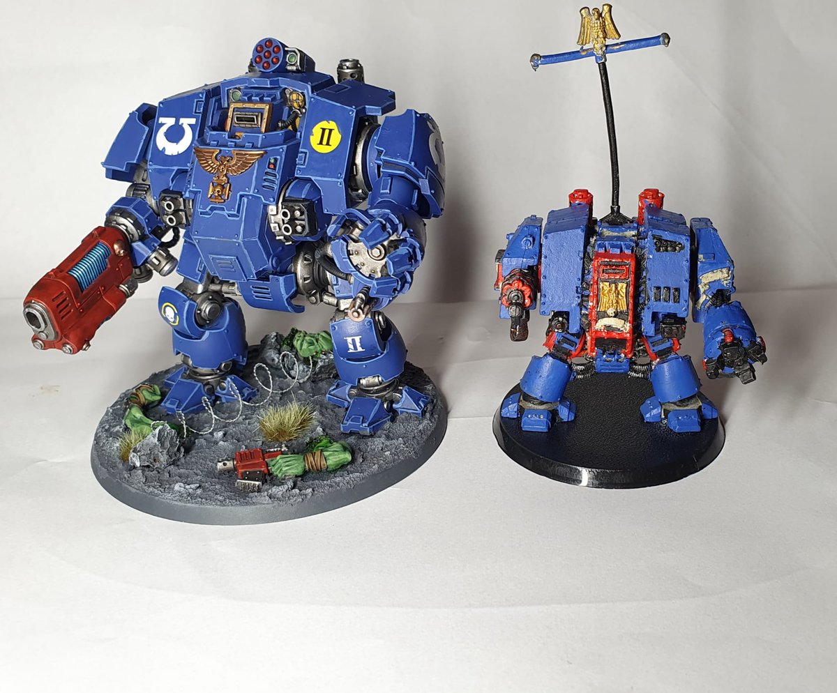 Dingers86's tweet photo. @WarComTeam 

What do you think? Should the old chap be retired in favour of the new, or repainted and  promoted to Venerable status to recognise the 20 years he's been about?

#warhammercommunity https://t.co/XWw1rx87wc