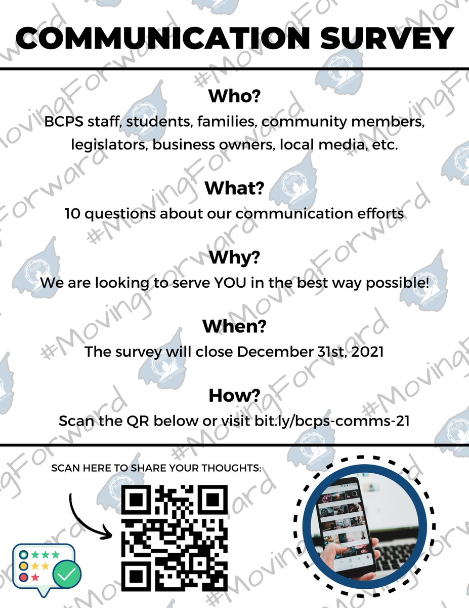 Reminder: our BCPS Communications Survey is open now through 12/31! If you haven't replied yet, please visit: buff.ly/3osTF2t. Thank you SO MUCH to those that have already responded. We'll use these thoughts to better our communication in 2022 &amp; beyond! #MovingForward