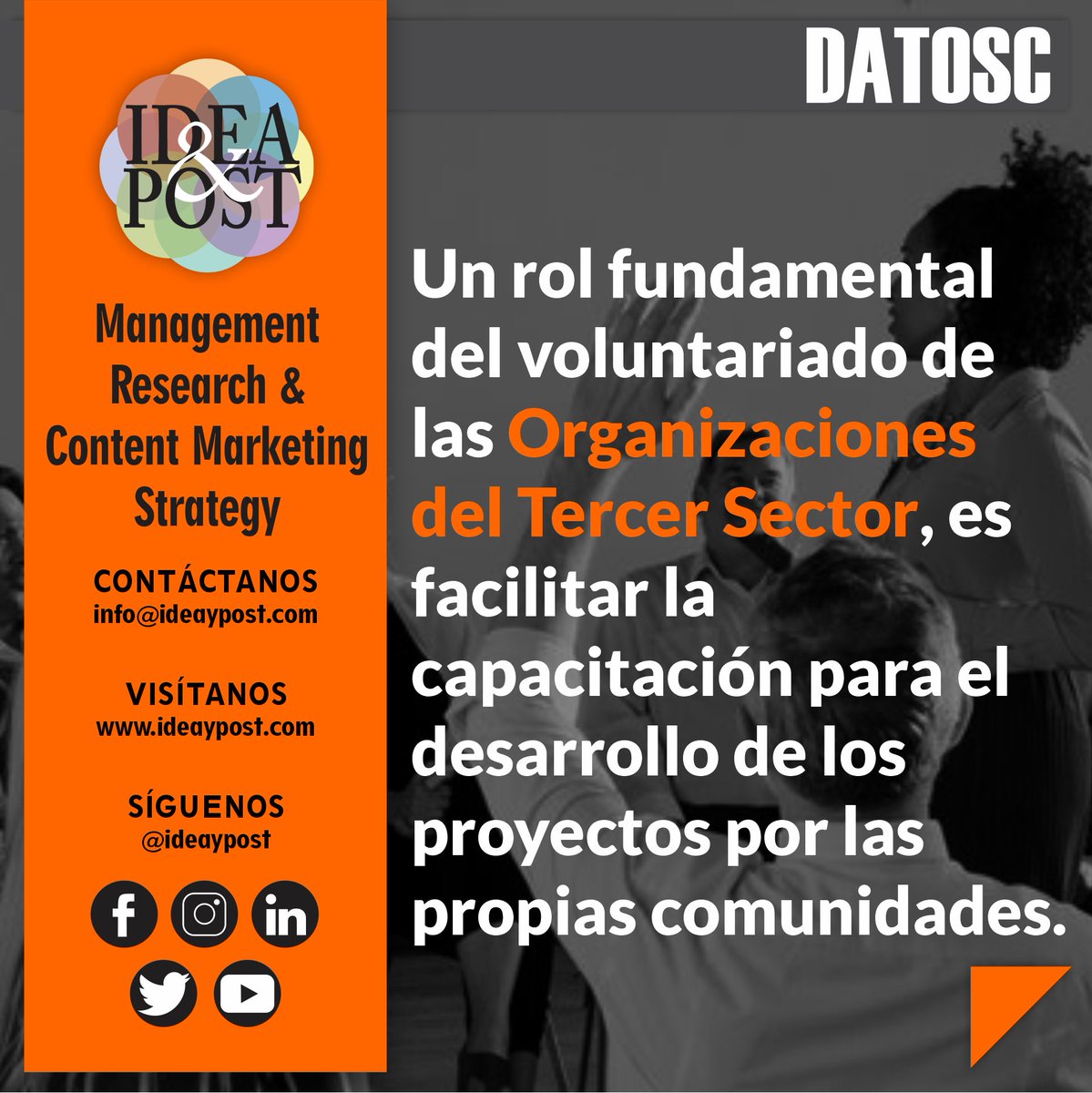 ideaypost's tweet image. Para las organizaciones del tercer sector el voluntariado juega un papel determinante, en la capacitación de las comunidades.

Síguenos en @ideaypost o visita nuestro #blog en ideaypost.com y conoce más #datosc

#ideaypost #tercersector #ocs #comdesarrollo #voluntariado