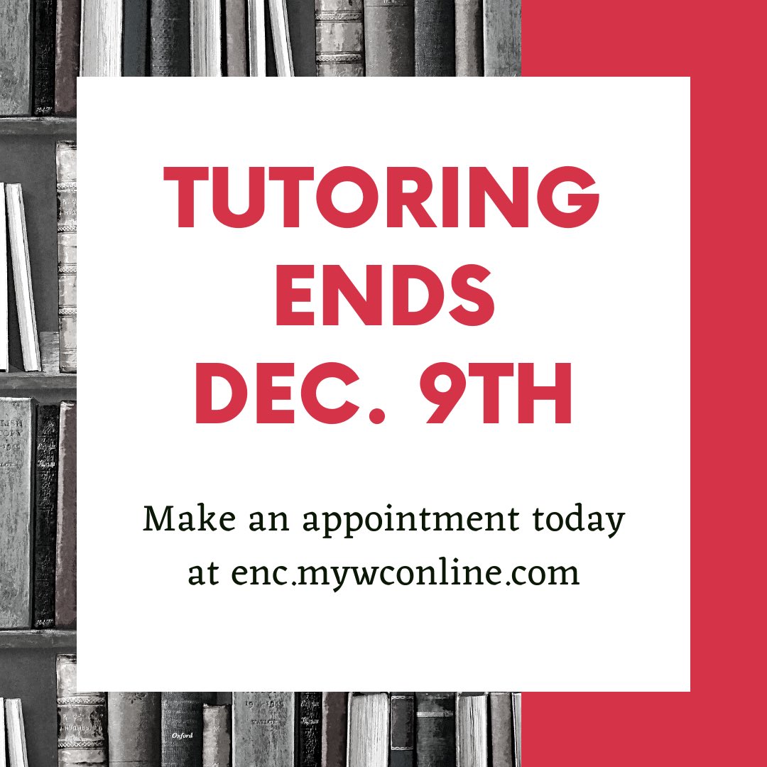 ENC_CSE's tweet photo. The last day of tutoring is this Thursday! Make your last appointment of the semester at https://t.co/JCEojITrjY to get help before finals #enc4me #finalsszn https://t.co/QvB1wz6vpe