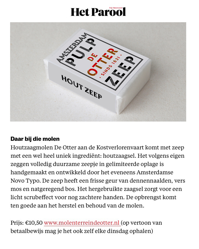 NovoTypo's tweet photo. Today in Amsterdam daily newspaper @parool
A nice gift! Amsterdam Pulp Zeep with genuine sawdust from Molen De Otter.

https://t.co/Z1EAP9z1kr

#novotypooffgrid #christmasgifts #christmasgiftideas #amsterdam #soapmaking #novotypo https://t.co/HN15oKSQfq