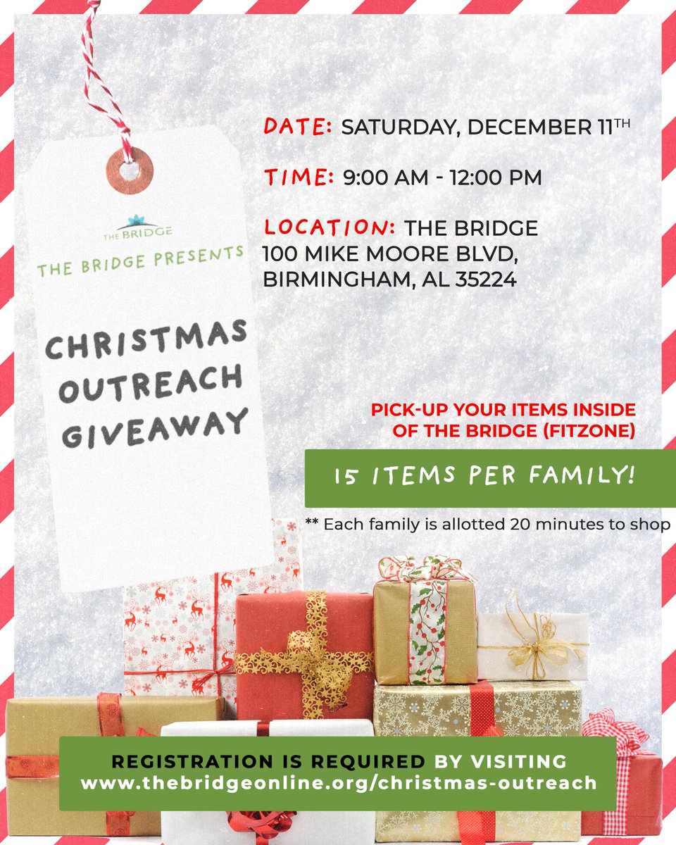 TheBridgeLLC's tweet photo. Our Christmas Outreach Giveaway allows families to shop for Christmas gifts at no cost. Families can pick-up various gifts (FREE) for a very special Christmas. On Saturday, December 11th at 9:00 am - 12:00 pm we’re hosting our Christmas Giveaway.
 
*Pre-registration required! https://t.co/AX4fY2TNvY