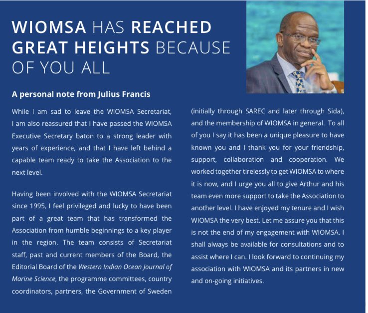 wiomsa's tweet photo. A personal note from Dr Julius Francis, the previous Executive Secretary of WIOMSA. 

“To all of you I say it has been a unique pleasure to have known you and I thank you for your friendship, support, collaboration and cooperation… https://t.co/02CgGQ6wB4