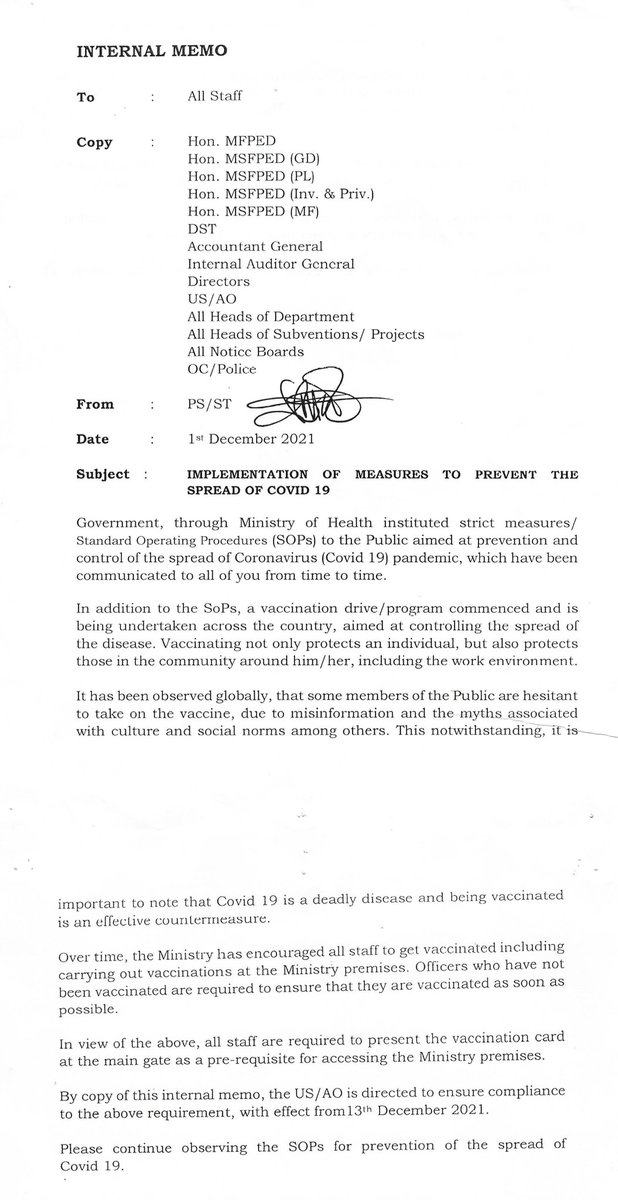 Effective next Monday 13/12/2021, all @mofpedU staff and visitors will be required to be fully vaccinated with proof of vaccination card to access the Ministry premises.
#COVID19PreventionMeasures 
#FullOpeningoftheEconomy 
#EconomicRecovery 
#SafeEnvironment