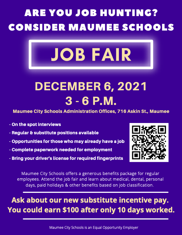 Today is the day. Maumee City Schools JOB FAIR from 3-6 p.m. On-the-spot interviews with hiring administrators.
