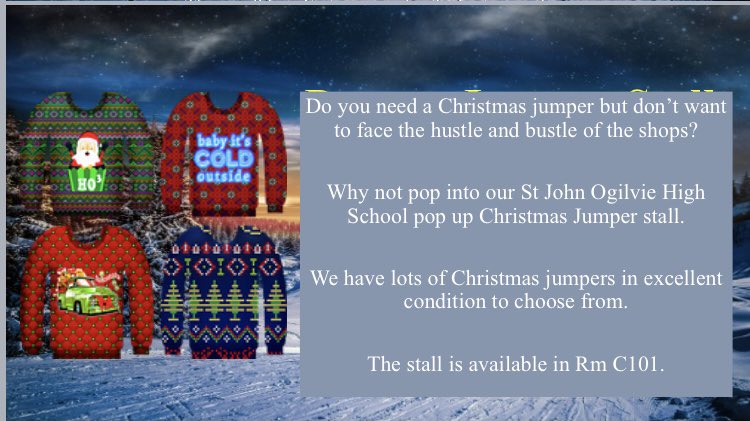 StJOHS's tweet photo. ❄️☃️🎅🏼 Pop up Christmas Jumper Stall- Come along to C101 to have a look at our selection of jumpers! 🎅🏼☃️❄️ https://t.co/oGw8CesieG