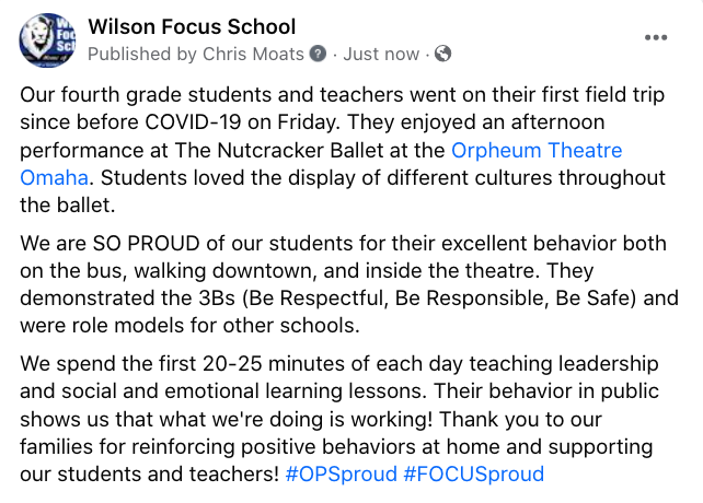 OPS_WilsonFocus's tweet photo. We are SO proud of our 4th graders for their excellent behavior at the Nutcracker Ballet on Friday. They demonstrated the 3Bs (Be Respectful, Be Responsible, Be Safe) and were role models for other schools. It was our first field trip since before COVID-19! #FOCUSproud @OPSMTSSB https://t.co/bCAoYDDGf7