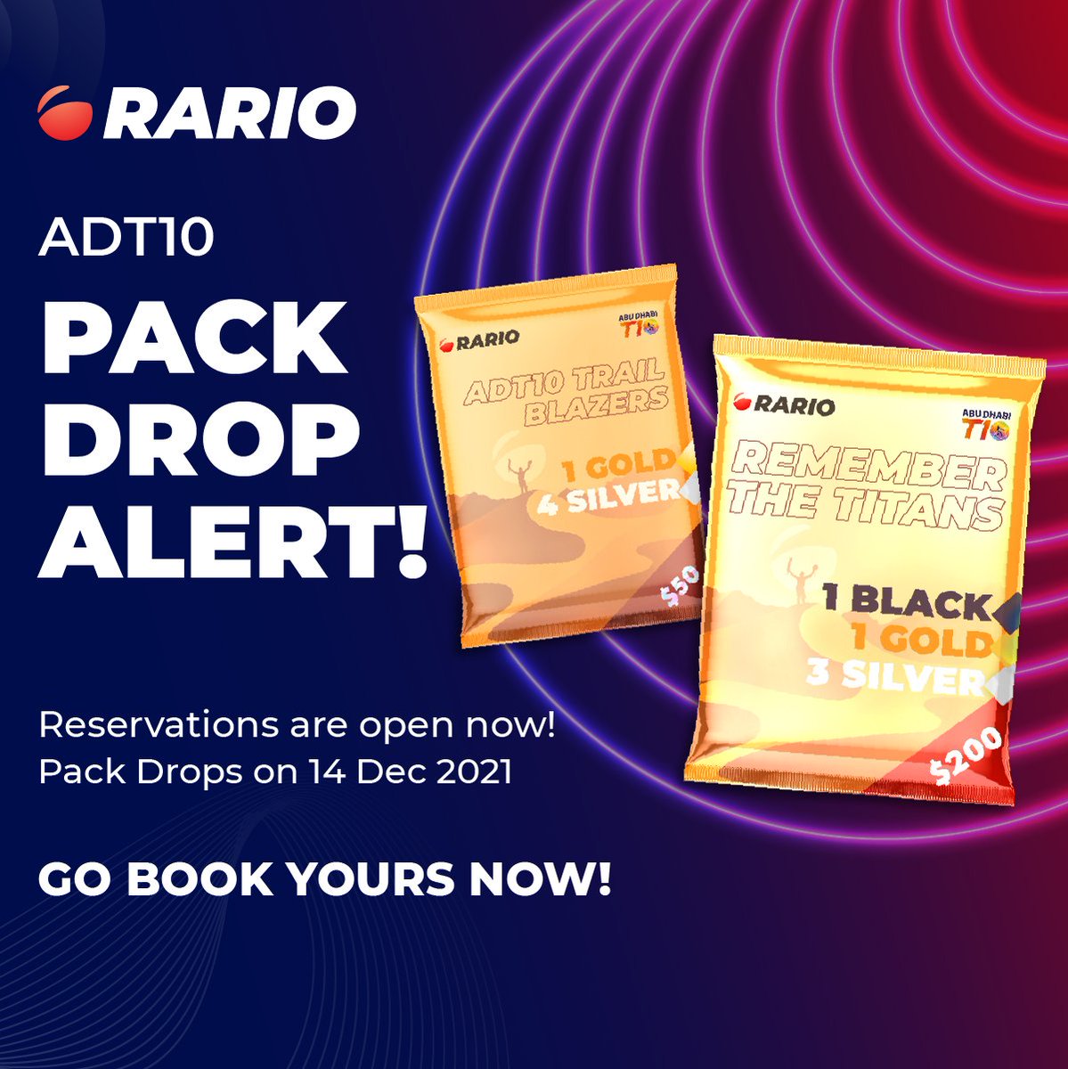 rariohq's tweet photo. 🚨 It’s live! Reserve your packs now and get a chance to own some exciting moments from the Abu Dhabi T10 league 🚨
#Rario #Cricket #NFTs #PackDrops @T10League https://t.co/KZTVtkHfTW