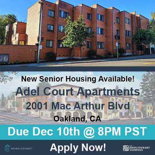 havenconnect's tweet photo. On Monday, Dec 6th, Adel Court Apartments in #Oakland will open applications for #affordablehousing!
Affordable 1bd and 2bd units available. At least one household member MUST be 62+ years old.
Deadline is 8pm PST Friday, Dec 10th, 2021.
Apply now! @ https://t.co/jejOoYW4DP https://t.co/r1CkDSsQj2