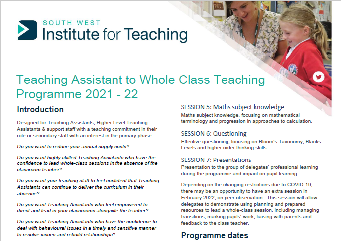 Teaching Assistant to Whole Class Teaching Programme 2021-2022 | now starts in JANUARY 2022!
For TAs, HLTAs &amp; support staff with a teaching commitment or secondary staff with an interest in primary. 
👉Book sw-iftcpd.org.uk/courses/bookin…
#teachingassistants #CPD <a href="/ColytonTsh/">ColytonTSH</a> @TorbayTSA