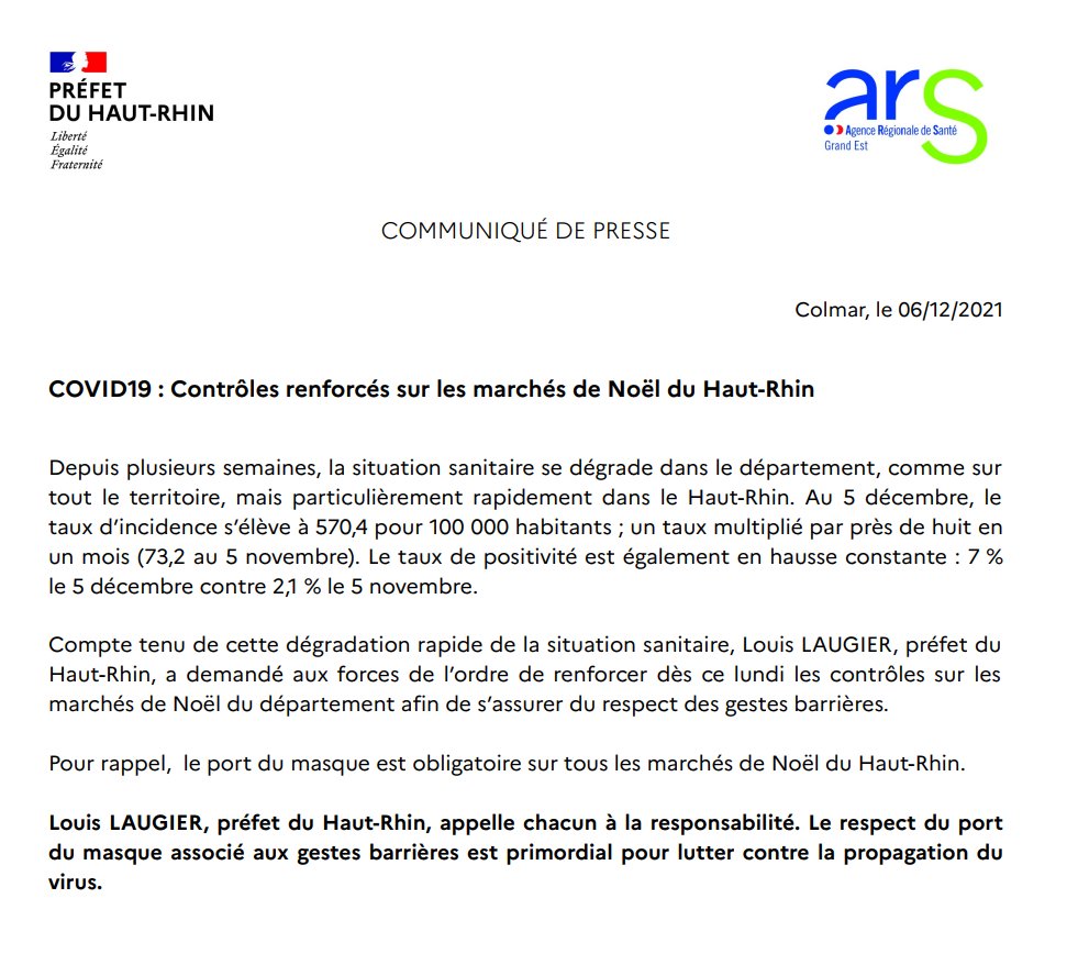 Prefet68's tweet photo. #Covid19 l La situation sanitaire se dégrade dans le #HautRhin, avec un taux d'incidence multiplié par 8 en 1 mois
Pour la #sécurité de tous, les contrôles des forces de l'ordre sont renforcés sur les marchés de Noël du département pour s'assurer du respect des gestes barrières⤵️ https://t.co/RSeTgrD36R