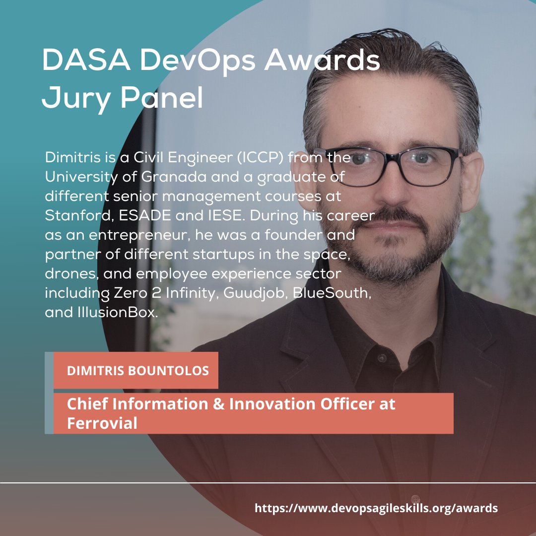 dasa_org's tweet photo. We are thrilled to present you our DASA DevOps Awards Jury Panel! Dimitris Bountolos, Chief Information & Innovation Officer at Ferrovial, a Civil Engineer (ICCP) from the University of Granada.
https://t.co/pc79o785dv
#DevOpsAwards #Jurypanel #DASA https://t.co/nnKQ19nt6s