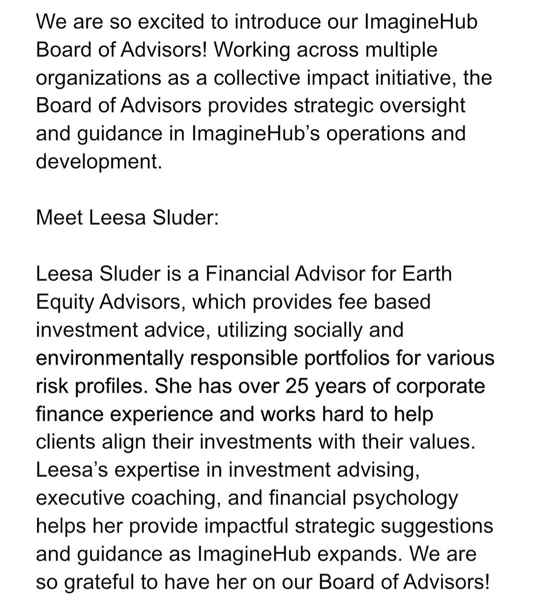 ImaginehubU's tweet photo. We are so excited to introduce our ImagineHub Board of Advisors! Working across multiple organizations as a collective impact initiative, the Board of Advisors provides strategic oversight and guidance in ImagineHub’s operations and development. 

Meet Leesa Sluder: https://t.co/tJIx20AZMz