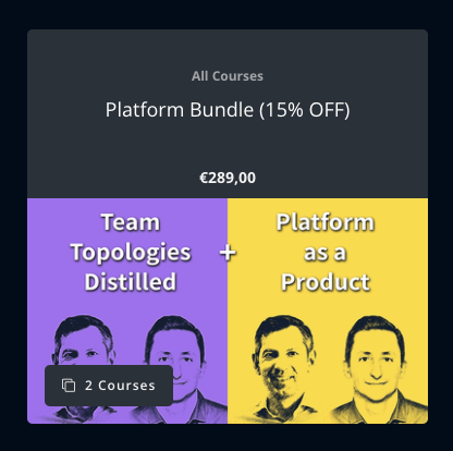 TeamTopologies's tweet photo. Make the most of your 2021 #trainingbudget before it's too late. We have bundled our two courses "#Platform as a #Product" & "Team Topologies Distilled" into a discounted package that will save you 51 EUR. #teamtopologies #teamdynamics #orgdynamics https://t.co/XrTL48eEWC https://t.co/uqrgdmuI0H