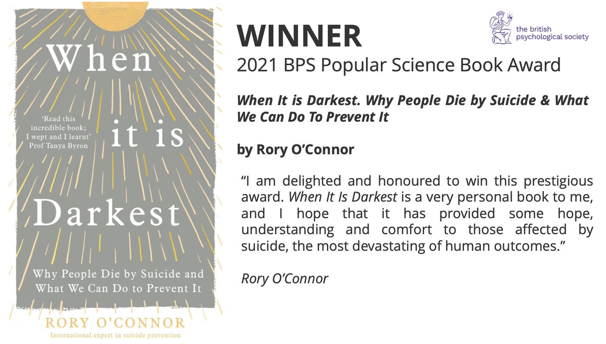 suicideresearch's tweet image. Wow!!
Delighted beyond words to win 2021 BPS Popular Science Book Award
Heartfelt thanks to everyone who has been part of my journey (so far).
Little did I think I'd get the book finished, let alone win an award, in those long nights during lockdown
bps.org.uk/news-and-polic…