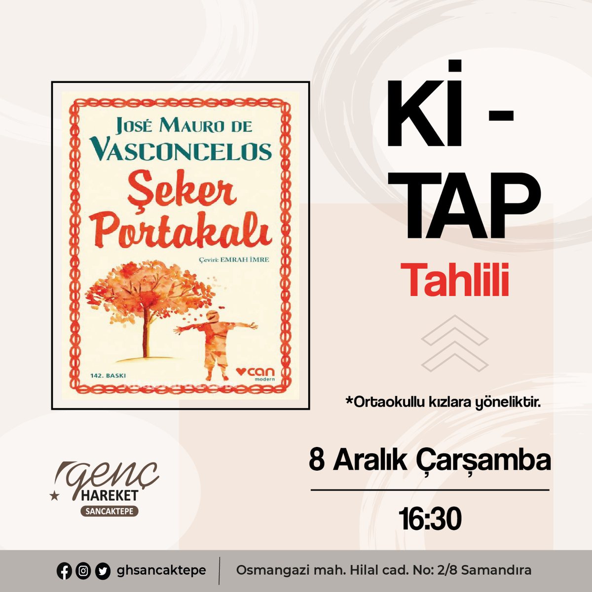 8 Aralık Çarşamba günü yapacağımız kitap tahlilimize tüm ortaokullu kız kardeşlerimizi bekliyoruz 💕
Kitabın içinden sizleri etkileyen yerler ile tahlilimize renklilik katmak isteriz. Çarşamba günü kitap tahlilimizde görüşmek üzere🤍