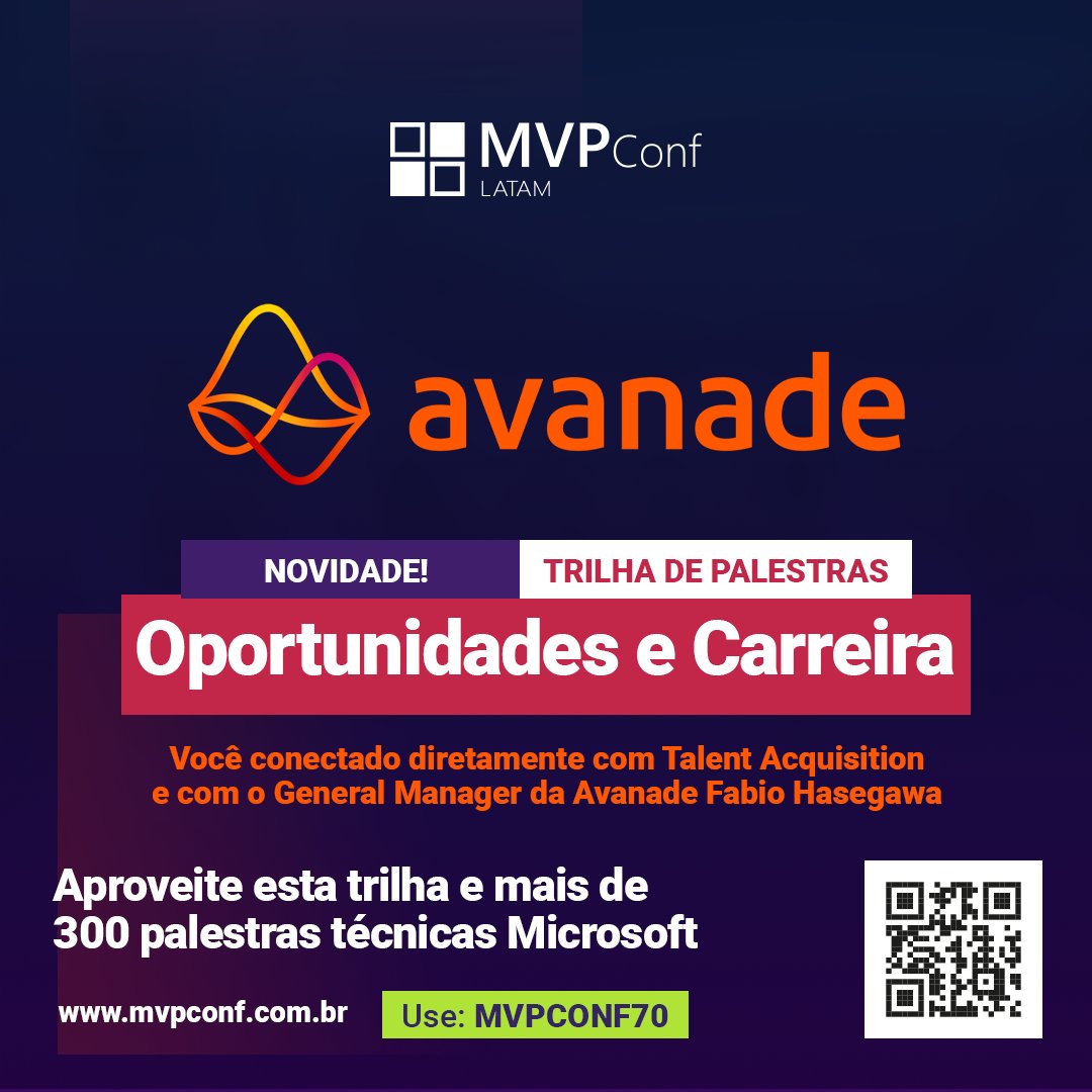 A oportunidade batendo na sua porta 🤩

No MVPConf 2021 teremos uma trilha de palestras especializada em Avanade 👊

Conecte-se e veja um mundo de possibilidades se abrindo pra você 😃

Garanta seu ingresso e faça parte do nosso time 😉

👉 mvpconf.com.br