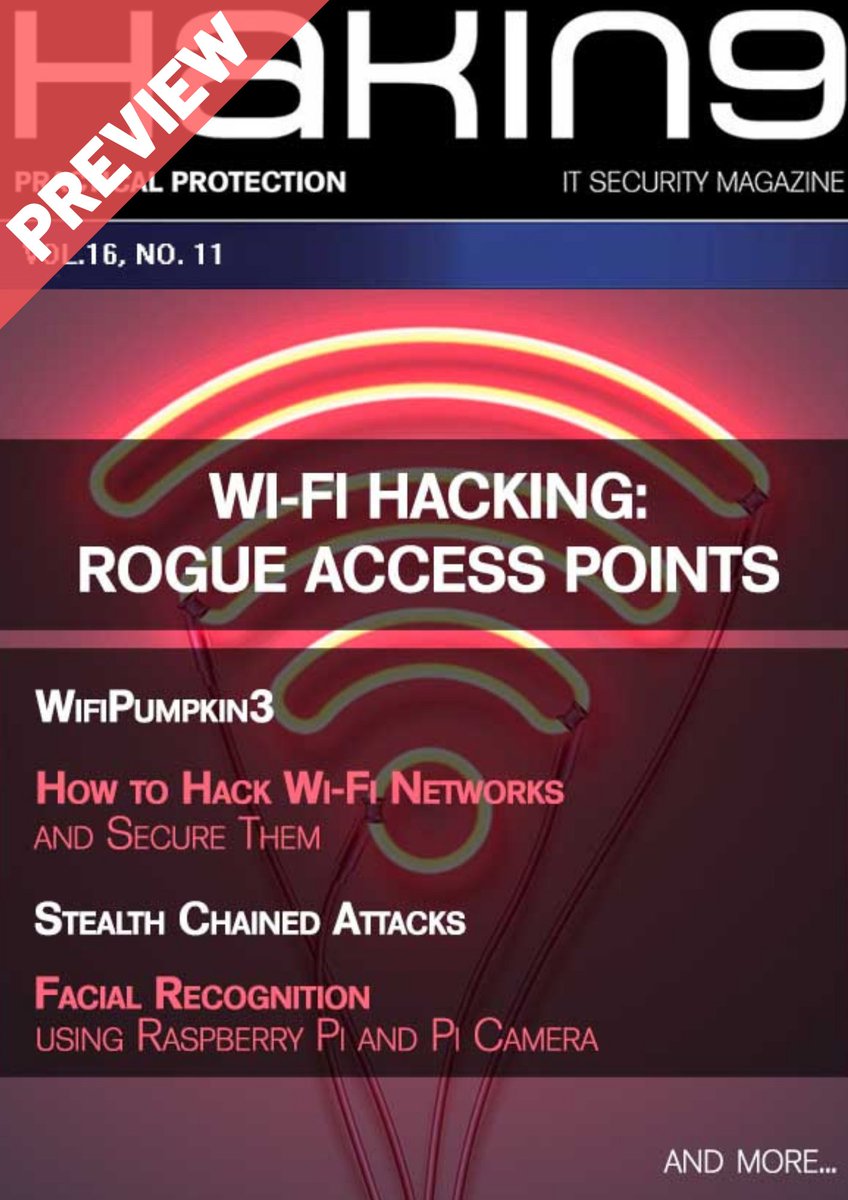 Hakin9's tweet photo. Wi-Fi Hacking: Rogue Access Points - You can check this edition by downloading a FREE preview! https://t.co/EwjzUNv9gU
#infosec #cybersecurity #redteam #pentest #pentesting #hacking #hackers #coding #opensource #wifi #wireless #rogueaccesspoint https://t.co/YB5rBc6ojy
