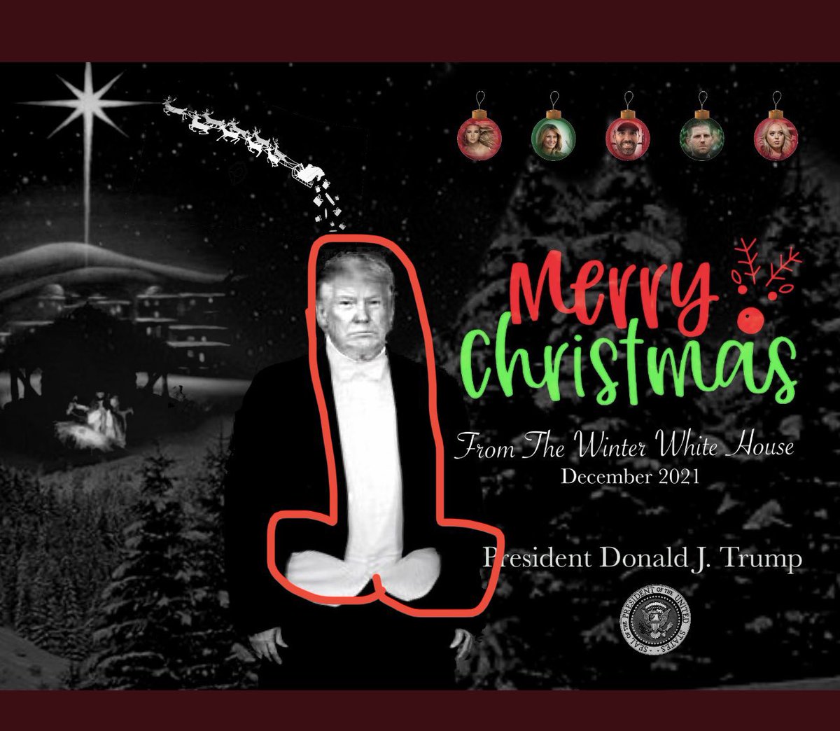 webperez's tweet photo. Trump is a penis (tuxedo) with “stuff” coming out of tip (santa) in his Christmas Card. It’s perfect for him! How many times can one person fail? He’s the best at being a loser! Loser Trump! #christmascards #Trump2024 #Trump #fail #Loser #NotPOTUS #RETWEEETME #RT #Share #Donald https://t.co/XYAerfJ5bl