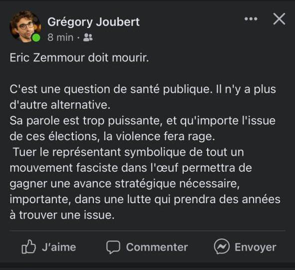 AntoineDiers's tweet photo. Encore un appel au meurtre contre Eric Zemmour... La violence de nos adversaires est inimaginable! Tout ceux qui entretiennent cette violence en attaquant, diffamant, caricaturant Eric Zemmour sont responsables. https://t.co/FdTtEHBc5J