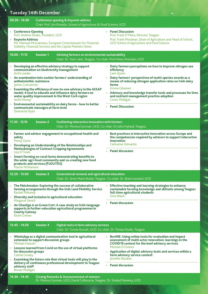 One week to go until <a href="/ucdagfood/">UCD School Ag & Food</a> <a href="/teagasc/">Teagasc</a> Annual KT Conference with Keynote address from <a href="/McGuinnessEU/">Mairead McGuinness</a> 
Register: eventbrite.ie/e/195982788797
<a href="/tomas_russell/">Tomás Russell</a> <a href="/monicamgorman/">Monica Gorman</a> <a href="/aoife_f/">Aoife McCarthy</a> <a href="/DonnachaRyan97/">Donnacha Ryan</a> <a href="/kkamb10/">Anne-Marie Butler</a> <a href="/B_Len3/">Brian Leonard</a> <a href="/UCD_AgExtension/">UCD Agricultural Extension</a> 
Full conference programme ⤵️⤵️⤵️