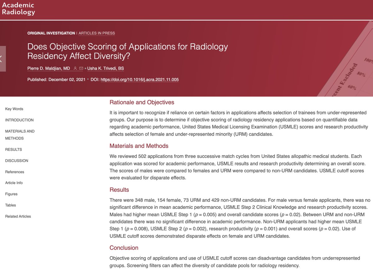 #RadPDs & #RadRes programs: Have you wondered how scoring of candidates by objective criteria influences diversity? Is scoring an advantage or disadvantage to applicants? See this article in press for more--> academicradiology.org/article/S1076-… #RadEd #futureradres #RADiversity