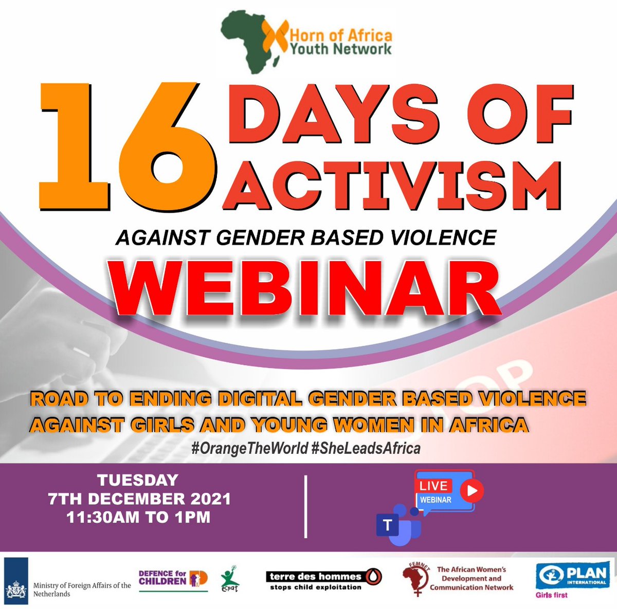 Join us tomorrow from 11:30 - 1:00 pm for a webinar on 'Road to ending online GBV against GYW in Africa.' click here; teams.microsoft.com/l/meetup-join/… 
#16Days #16DaysofActivism #16DaysofActivism2021 #EndDigitalViolence #HoaYN