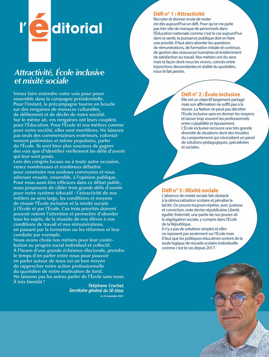 StephCrochet's tweet photo. Mon édito de l’Enseignant de décembre : comment replacer les questions d’Ecole dans le débat des présidentielles ? En identifiant 3 défis majeurs. À débattre entre nous, professionnels de l’Ecole publique : attractivité de nos métiers, école inclusive, mixité sociale. https://t.co/2cA2o9MhcV