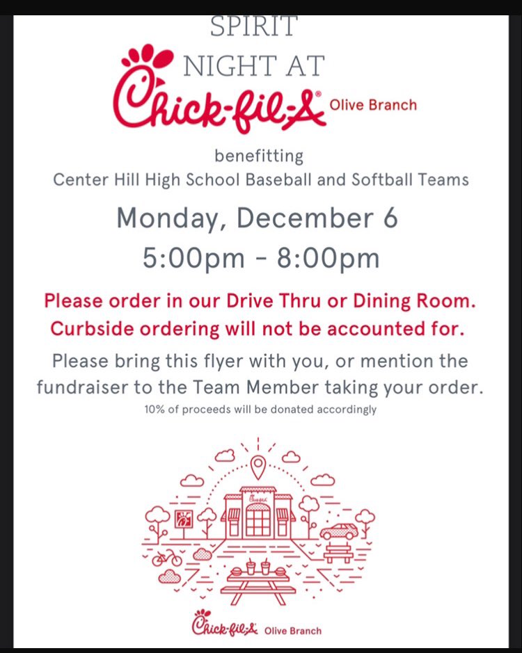 TheHillBasebal1's tweet photo. Go out tonight and grab a bite to eat at Chick-fil-A in Olive Branch to support Center Hill Baseball and Softball. Make sure to mention the fundraiser when you go!!  @ChickfilA https://t.co/5daBbZbFYg