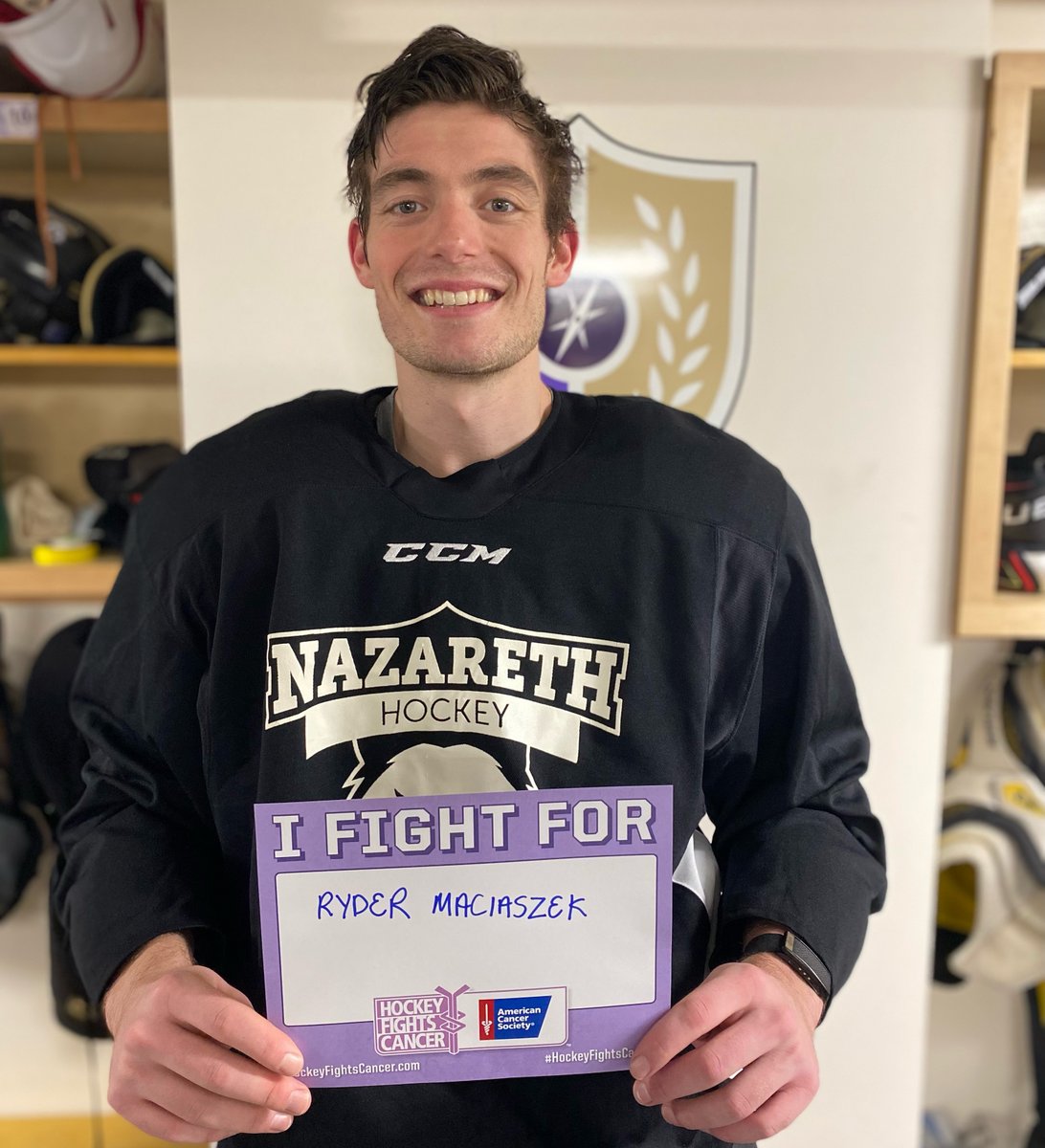 NazAthletics's tweet photo. Nazareth Men's Hockey will play SUNY Oswego in the Hockey Fights Cancer game Saturday - donations can be made at https://t.co/F1MA7x8bnv and you can also bid on a game-worn jersey at https://t.co/ATLM3AZlou https://t.co/mbPf4f1zcs
