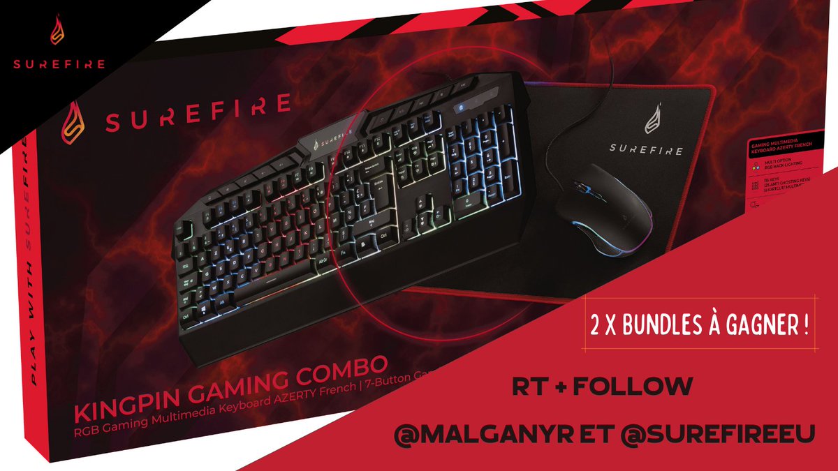 Malganyr's tweet photo. Pour fêter le mois de Décembre, @SureFireEU vous fait gagner 2 lots Clavier / Souris / Tapis
Pour participer:
▶️ Follow @SureFireEU 
▶️ Follow @Malganyr 
🔁 RT
Vous pouvez retrouver tout le matériel @SureFireEU ici:
https://t.co/8Gs0iD9GB9 https://t.co/adezriET55