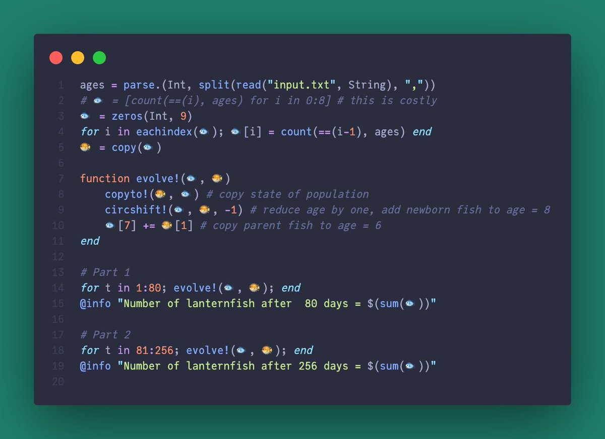 jbsecon's tweet photo. Day 6 solution for #AdventOfCode2021. I think this is my first solution that’s actually decently efficient. https://t.co/5Njwk0xckR