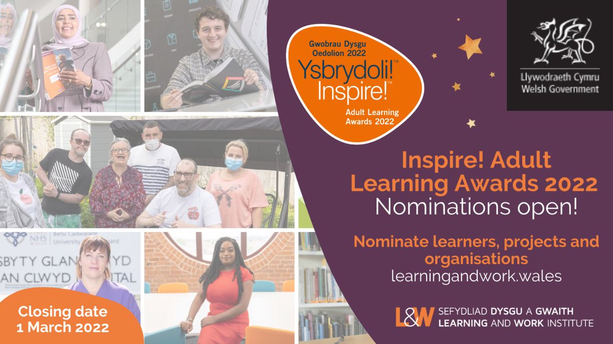Inspire! Awards 2022 - Nominations now open! Categories are available for individuals, community projects and organisations in Wales that demonstrate the power of adult learning. bit.ly/3pogJyG <a href="/LearnWorkCymru/">Dysgu a Gwaith Cymru | Learning and Work Wales</a> #InspireCymru22