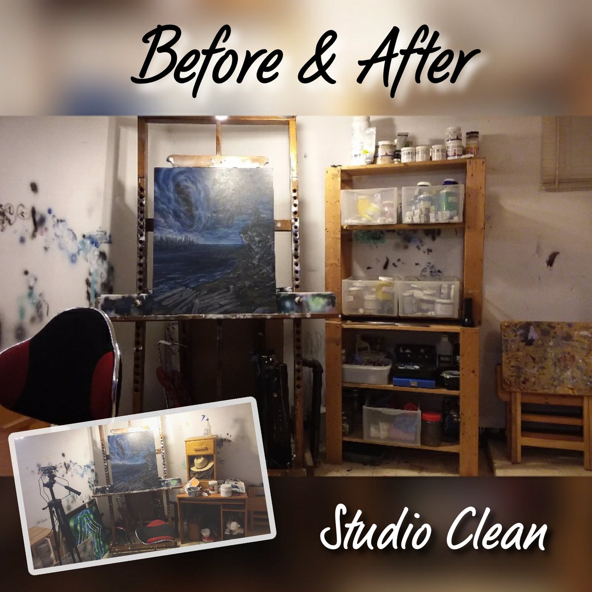 ShaneWilcoxArt's tweet photo. #Monday #freshness with an #Organized #studio. Biggest of #thanks to my most awesome half, @kdflowscapes @StudioShim for helping out major with the process. It's proper focus time. Lets get it! 🔥🎨
#thistothat #Focus #artheals #motivation #workspace #paint #artsupplies #ldnont https://t.co/ZLaP7dO7ri