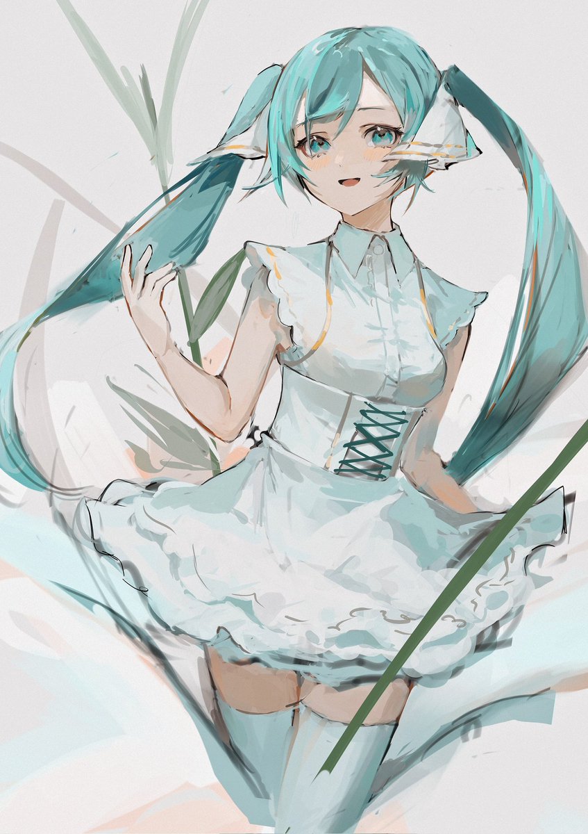 hatsune miku 1girl solo twintails thighhighs long hair white thighhighs dress  illustration images