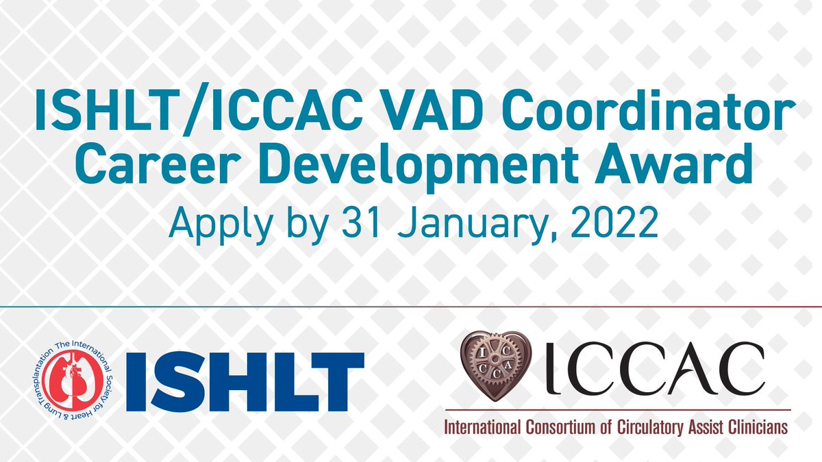 ISHLT's tweet photo. Calling #VADCoordinators: the #ISHLT/@VADCoordinator Career Development Award is accepting applications for research funding through 31 January! Thanks to @AbbottCardio & @MDT_Cardiac for helping fund professional development & innovation in #MCS. Apply: https://t.co/JrWo3u9Z3L https://t.co/AHvAMt4mVe