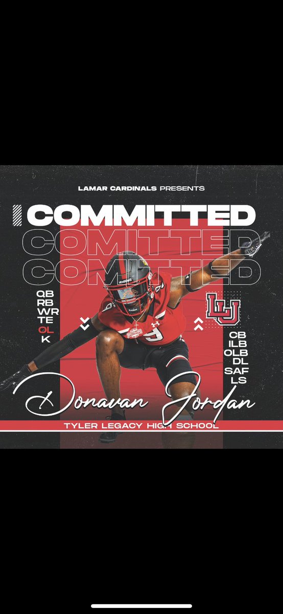 DonavanJordan6's tweet photo. After a great official visit I’m blessed to announce my commitment to Lamar University 🔴⚫️ #AGTG @CoachPCovington @CoachGipson11 @CoachJoeWillis @CoachPitts4 @coachACopeland https://t.co/ordG6T5BML