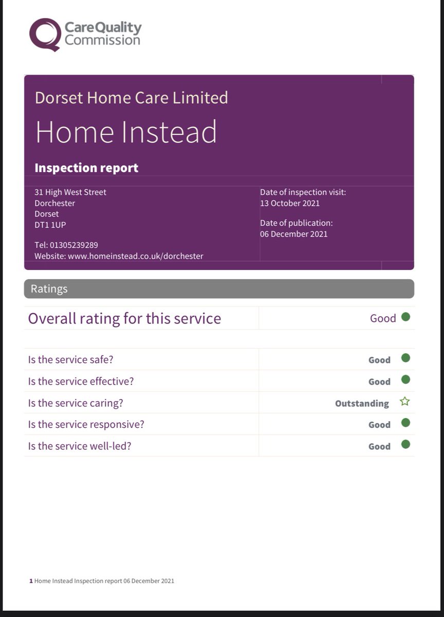 Pleased to announce Home Instead Dorchester achieved an overall Good in a recent CQC inspection, our first since registration in 2019. Lots of love for the care givers and key players who have showed bundles of compassion, selflessness and dedication to our clients.