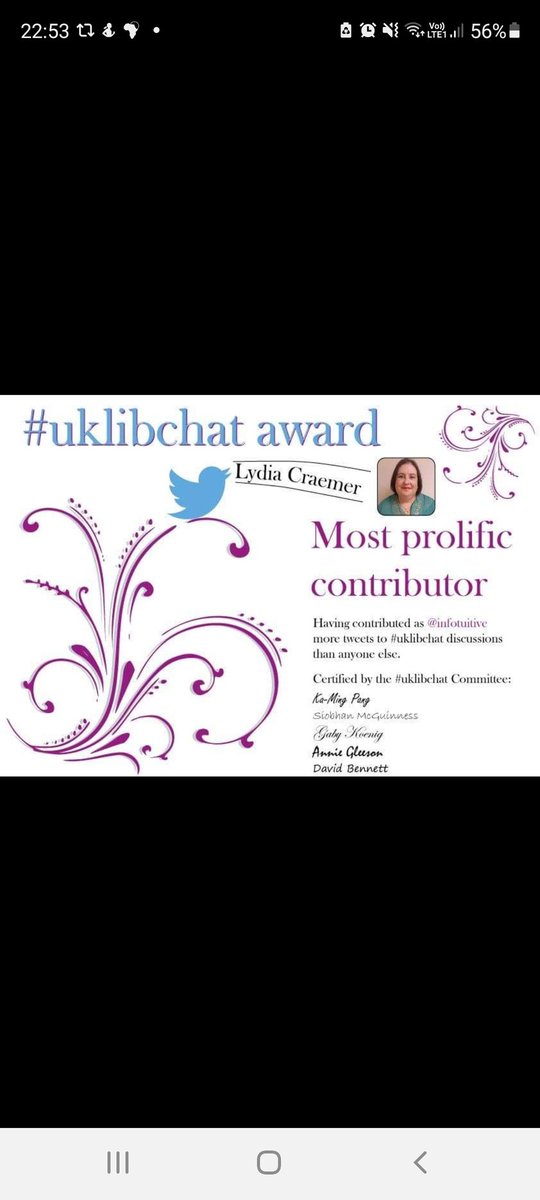 infointuitive's tweet photo. @uklibchat @Annie_Bob found a photo of my certificate - I received it in 2016 #uklibchat https://t.co/srDMaZdL1J