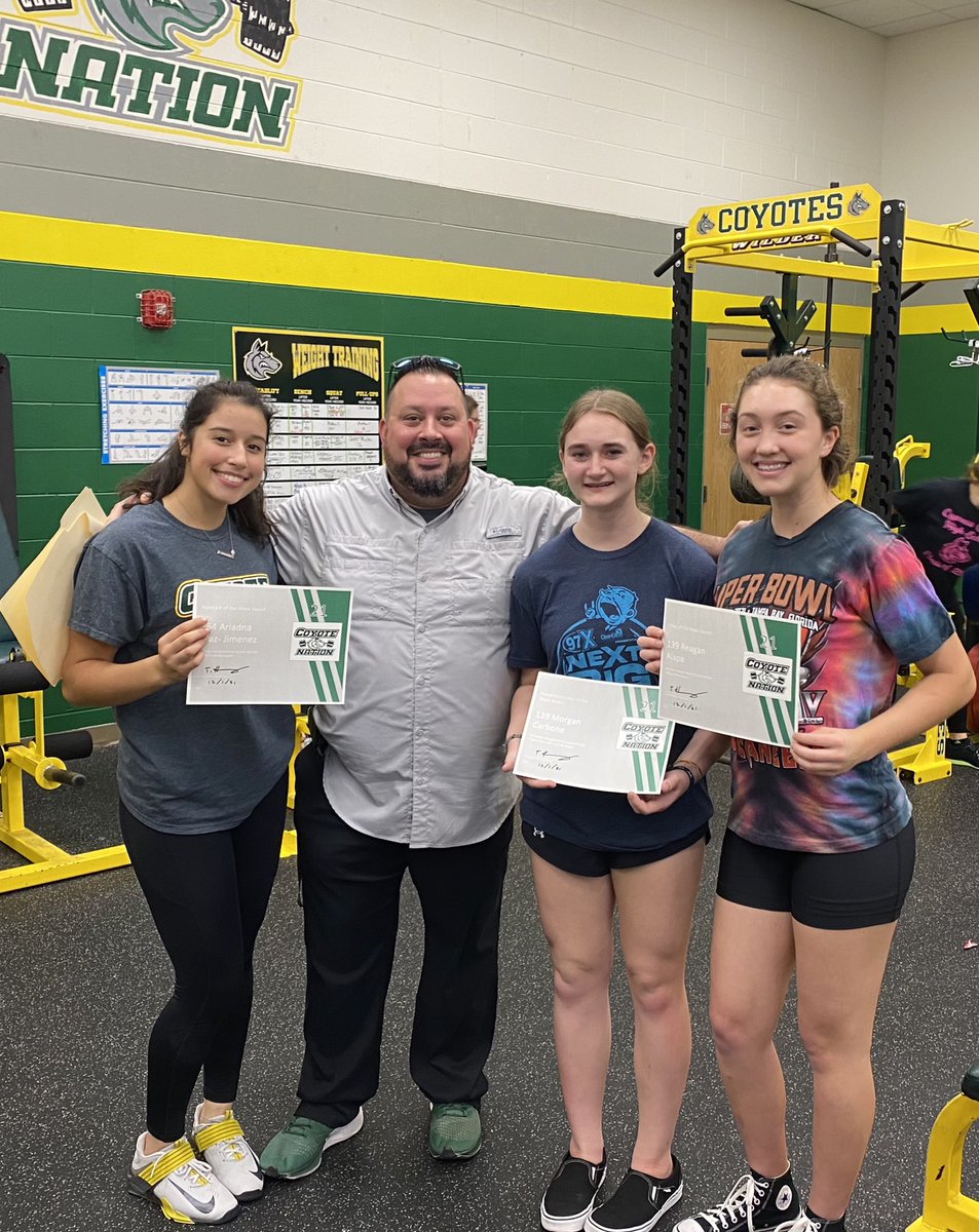 CoachTico's tweet photo. Congratulations to Coyote Nation Lifters of the Week:
- Howler Lifter Ariadna Diaz- Jimenez
- Preparation Lifter Morgan Carbone
- Lifter Reagan Alapa
These girls rock. @StayHowlin @TheCoyoteWay @CCHS_Sport https://t.co/RZiEptB3Wz