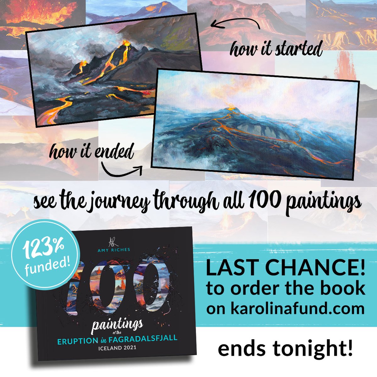 eldfjalladag's tweet photo. What a journey! LAST CHANCE to order a copy of the book - ends midnight tonight on https://t.co/Z1EwB9s3QJ! 
https://t.co/BsUCNtjZMD
#landscapepainting #artbook #100paintings #oilpaintings #iceland #volcano https://t.co/pCFgZpMMu3
