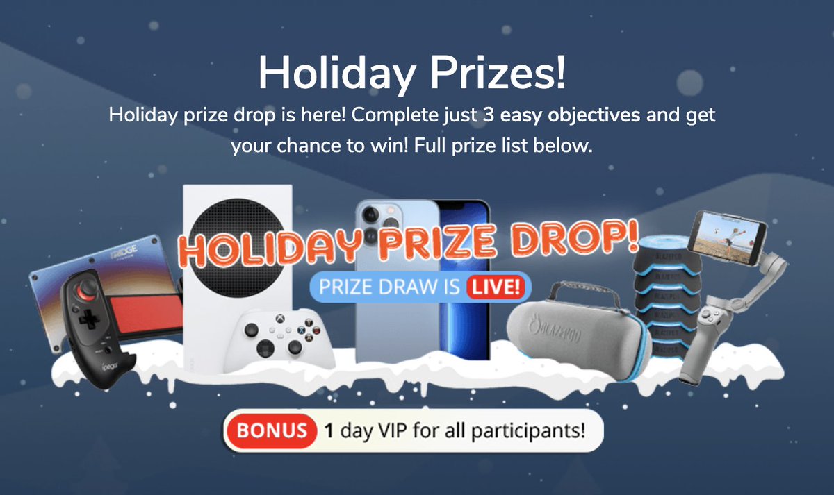 Have you seen the crazy prizes available right now? This is our first Holiday Prize Drop this year, and we will have another one right after it ends!