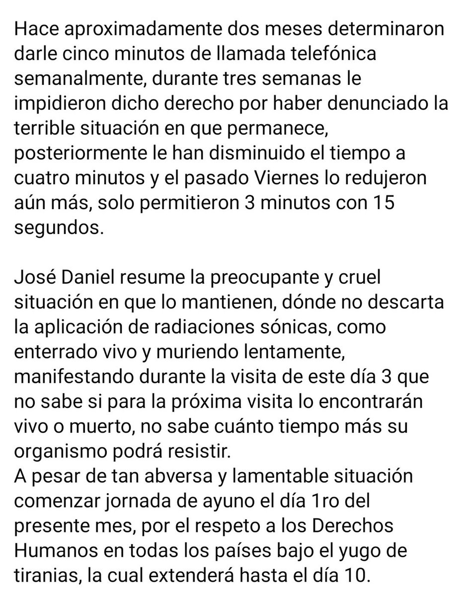 #SOSCuba 
#DDHH 
Soy <a href="/anabelkisfg/">Ana Belkis Ferrer Garcia</a> 
<a href="/RaulCastro_Ruz/">Raul Castro Ruz</a>  y <a href="/DiazCanelB/">Miguel Díaz-Canel Bermúdez</a> lo mantienen sepultado vivo y muriendo lentamente.