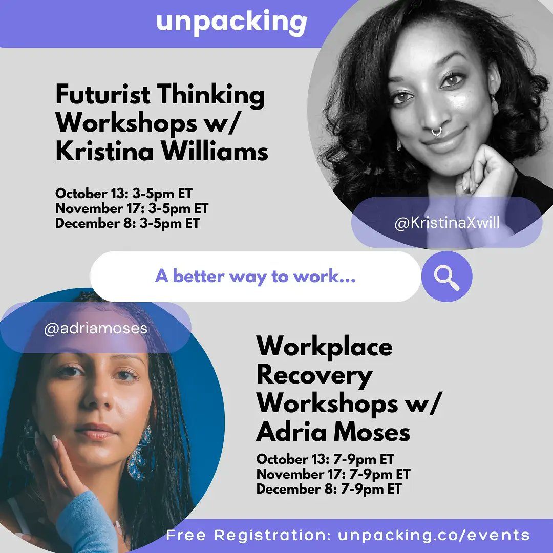 Unpacking_co's tweet photo. Are you registered for this Wednesday's FREE workshops?
Futurist Thinking: 3-5pm ET
Workplace Recovery: 7-9pm ET
https://t.co/FUQpomeHYF
Link in bio https://t.co/7xfZ0c6DAO
