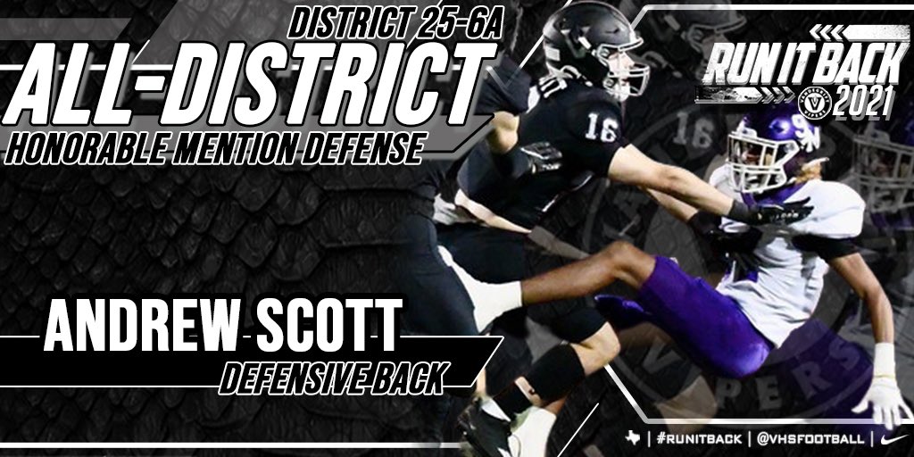 VHSFootball's tweet photo. Congrats goes to @a_scott03 🐍
Hon Mention All District DB
@VandegriftHS https://t.co/UmYuV8FuT2