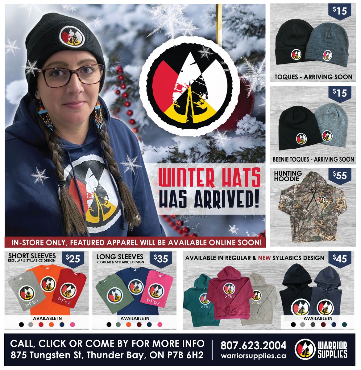 warriorworkwear's tweet photo. WINTER HATS HAVE ARRIVED!!! Come check out our new line of apparel at 875 Tungsten Street or call us at 807-623-2004. Sweaters available in Syllabic and regular Spear Head Designs. https://t.co/pTZWJRq863