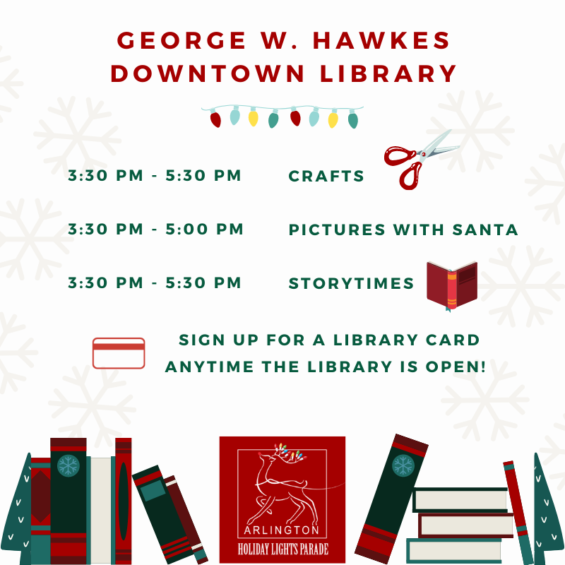 LightsParade's tweet photo. Let's get these event details going! Be sure to follow the event on Facebook for more information! 

Starting off, join us at the George W. Hawkes Downtown Library! 

#AHLP2021 #ArlingtonPublicLibrary #holidayseason https://t.co/rQPW24LfTB