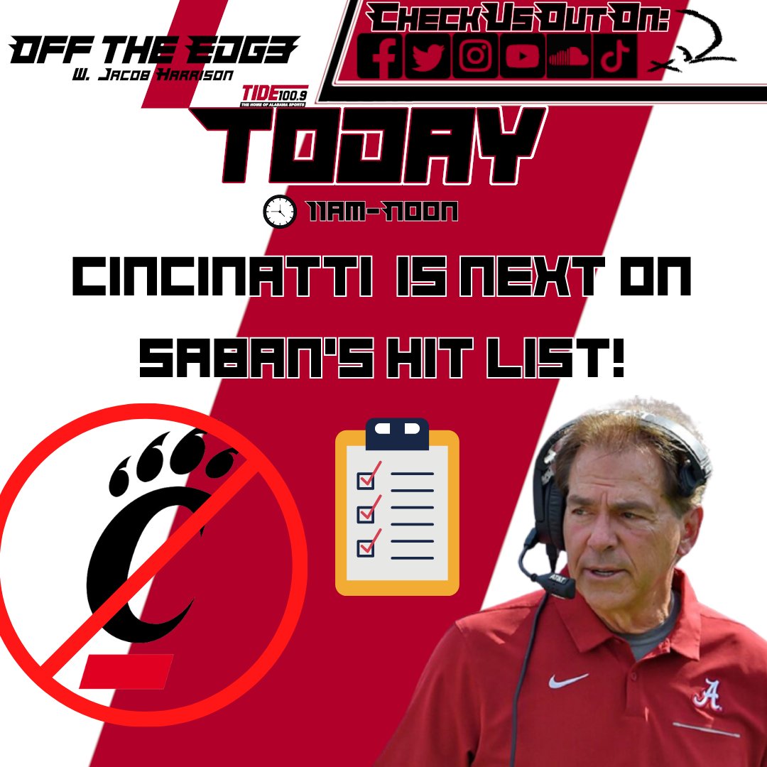 OffTheEdge1009's tweet photo. Time to head in to the CFP! Join your host, @JHarrisonOTE and weekly guest @SpurrFM to talk about this year's playoff rankings and more! Only on @Tide1009!

Join the conversation! (205) 342-9904

#AlabamaCrimsonTide #AlabamaFootball #SECFootball #CollegeFootball #RollTide https://t.co/x4RQjwNVcZ